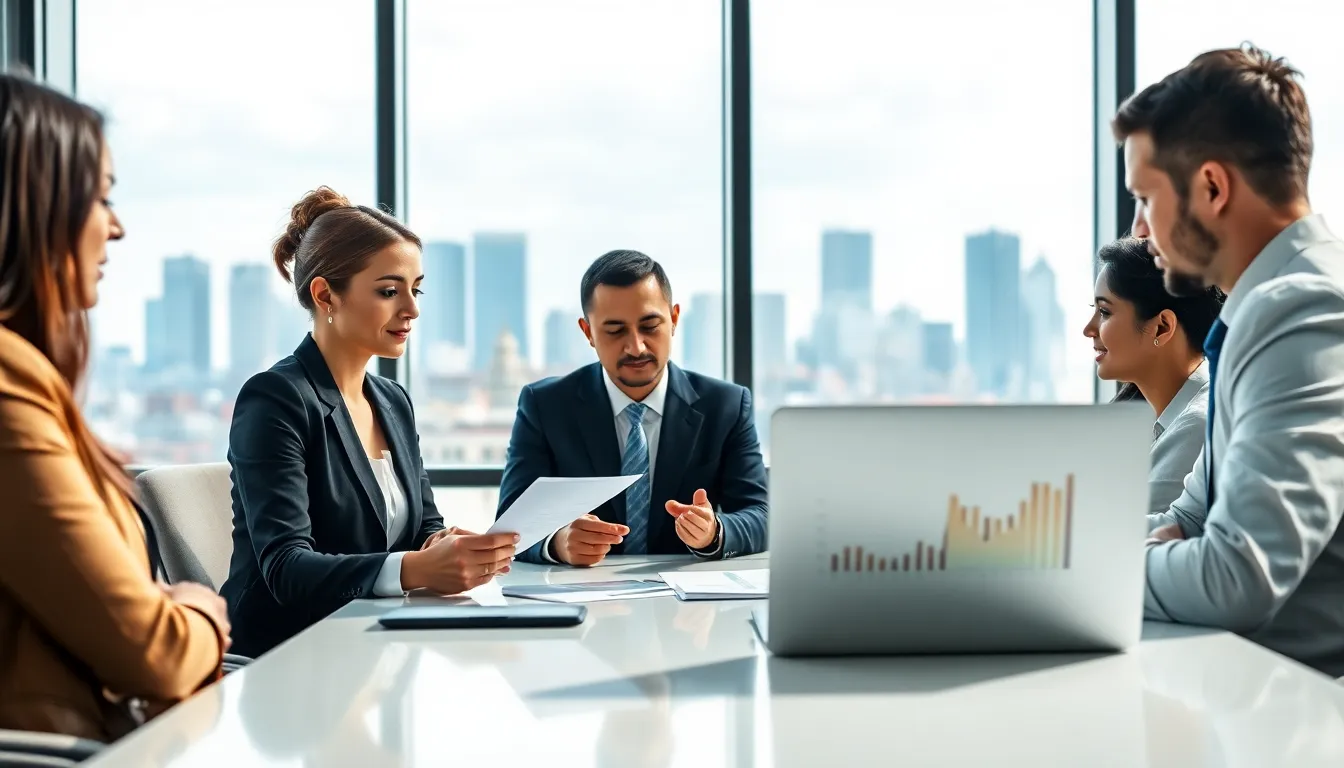 diverse finance team discussing international mortgage options.