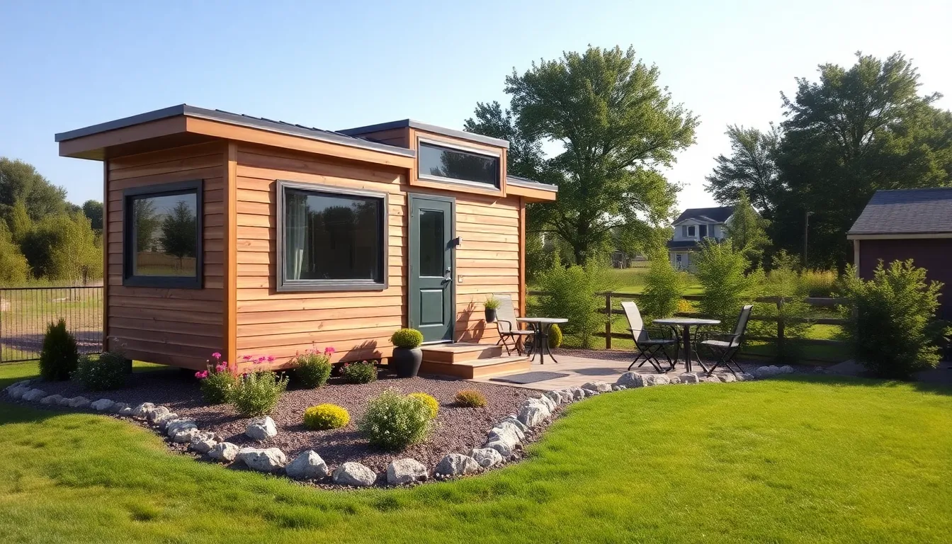 Charming tiny home on a landscaped plot with outdoor seating.